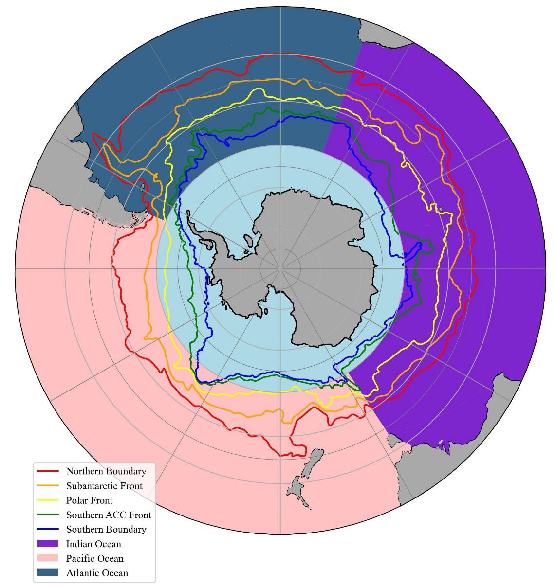 Figure 1.1: Map of the Southern Ocean, showing oceanic fronts determined by Park (Park & Durand, 2019)